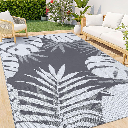 OLANLY Waterproof Outdoor Rug 4x6 ft, Plastic Reversible Patio Rug Outdoor Carpet, Large Leaf Outdoor Area Rug Deck Rugs for Patio, RV, Backyard, Deck, Picnic, Beach, Camping, White & Grey