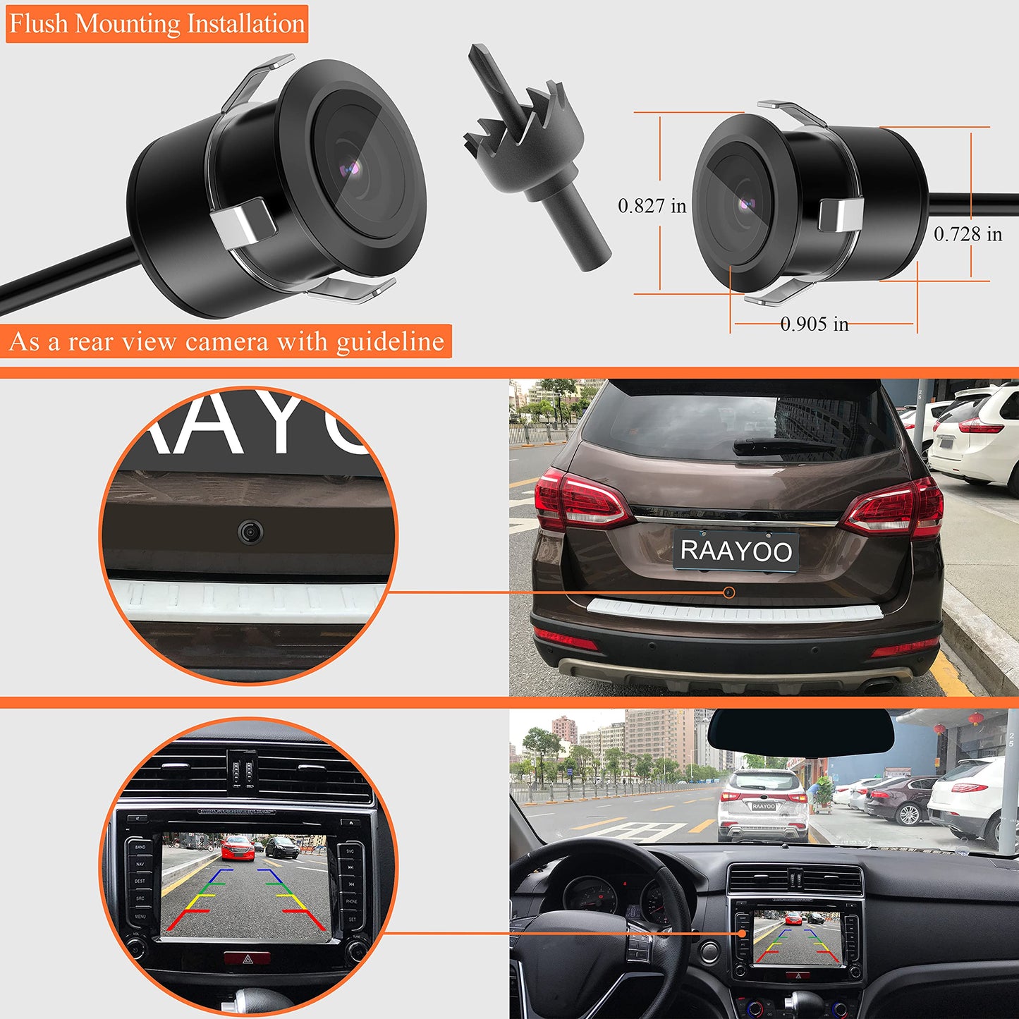 Backup Camera Flush Mount, Metal Housing 170 Degree Wide View Angle Rear/Front View Camera for Car, Clear Night Vision IP69 Waterproof Reverse Camera Kit for Vehicle SUV RV Pickup,18.5mm, 12V/24V