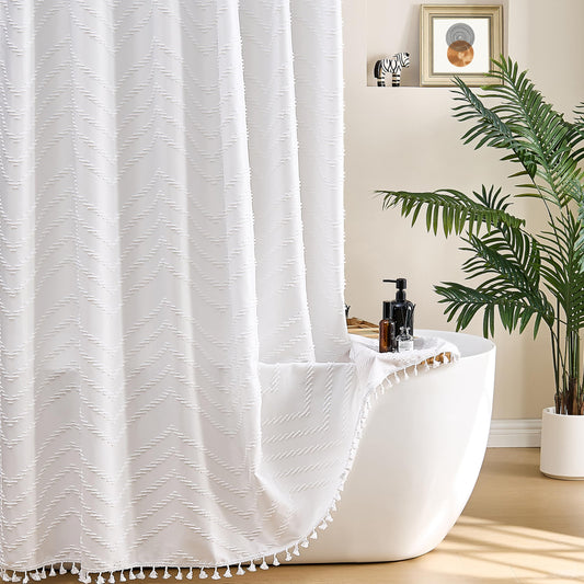 Boho Shower Curtain White Tassel Woven Fabric Shower Curtain Modern Farmhouse Textured Tufted Chevron Striped Minimalist Bathroom Hotel 72 x 72 White