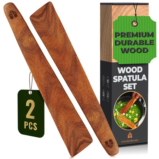 12″ Teak Wooden Spatula for Cast Iron, Small Wood Flipper, Egg Scraper, Flat Wooden Turner, Multipurpose Wood Cooking Utensil, Spatulas Perfect for Flipping, Serving, Scraping & Turning - Set of 2