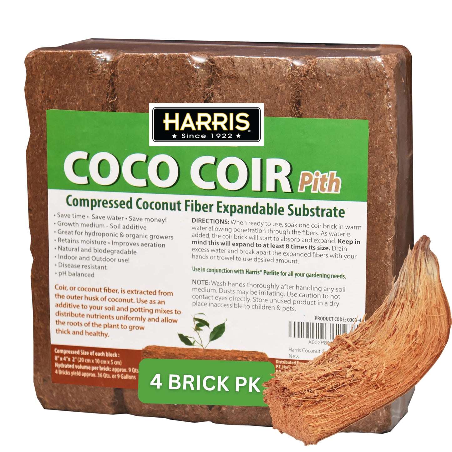 Harris Coconut Coir Pith, 4 Bricks Expand to 9 Gallons of Coir to Promote Healthy Root Growth