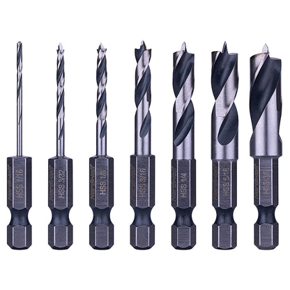 NordWolf 7-Piece HSS Brad Point Stubby Wood Drill Bit Set with 1/4" Hex Shank for Carpenter Woodworking, SAE Sizes 1/16"-3/32"-1/8"-3/16"-1/4"-5/16"-3/8"