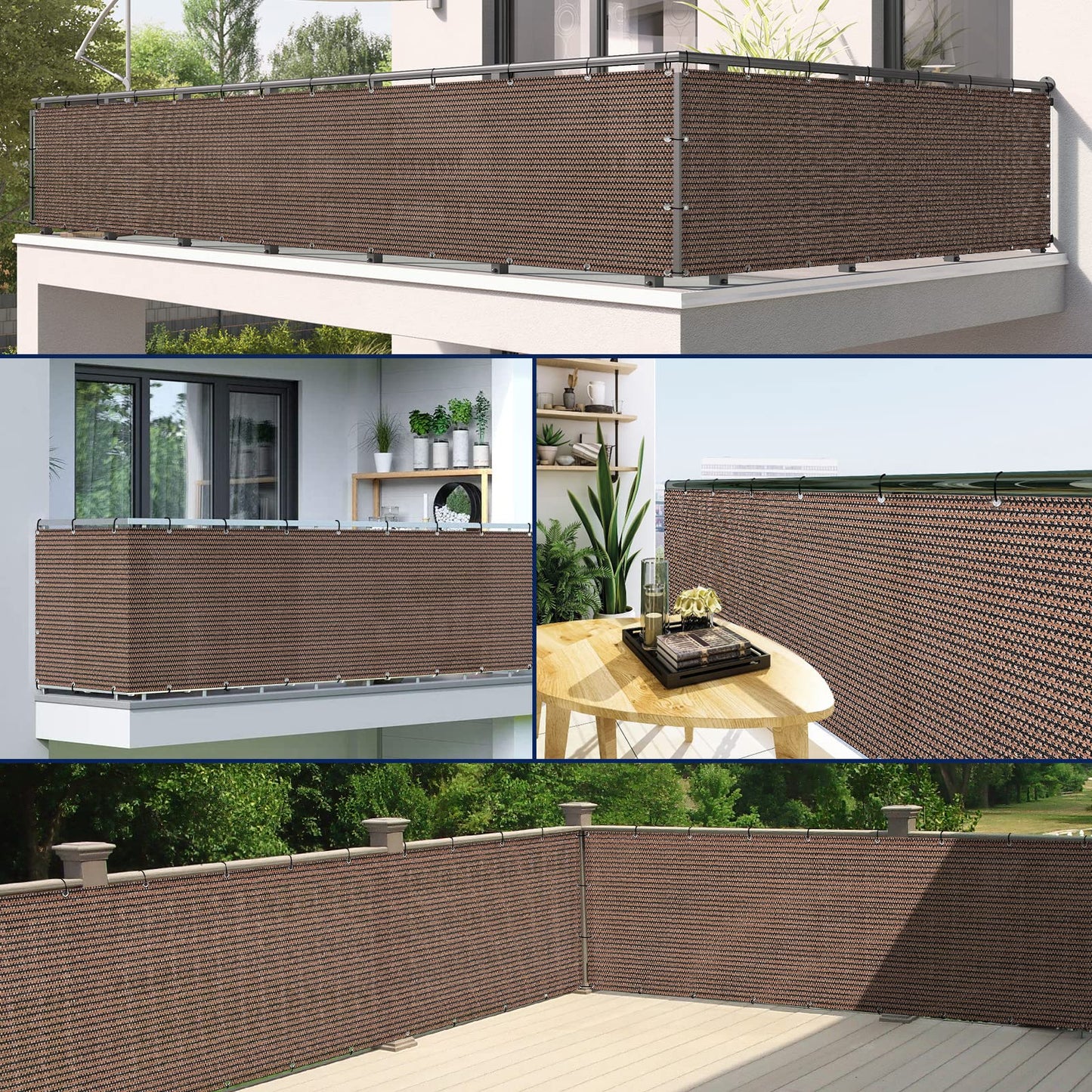 Duerer Balcony Screen Privacy Fence Cover 3' x 16.5' Brown Fence Netting Mesh Shade Cloth Fabric UV Protection for Apartment Balcony Railing Porch Outdoor, Backyard, Patio, Included Cable Ties Rope
