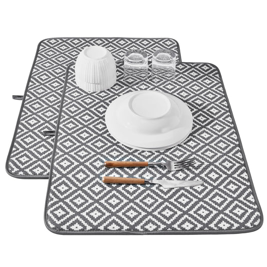Subekyu 2 Pack Dish Drying Mat, 24 * 18 inch Ultra Absorbent Microfiber Dishes Drainer Mats for Kitchen Counter, Large Size Dish Drying Pad with Rhombus Patterns