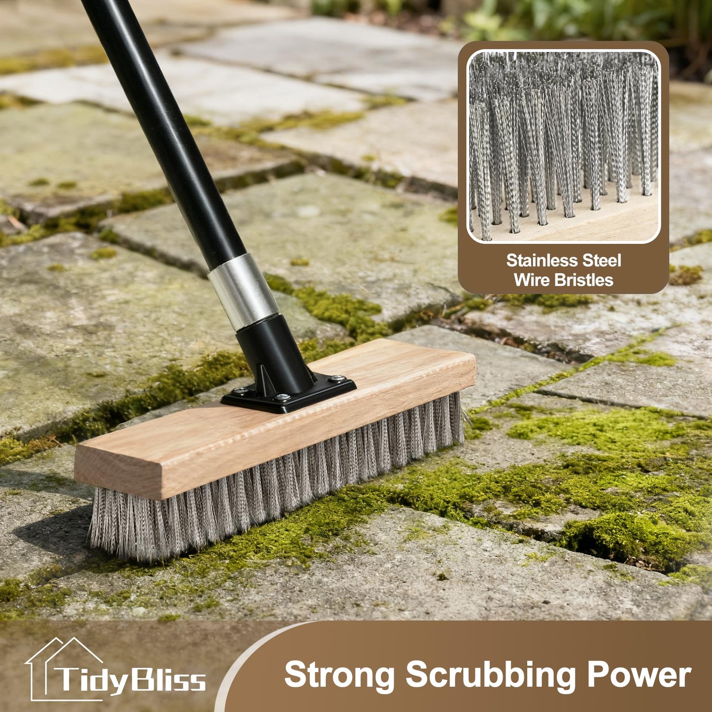 TidyBliss Stainless Steel Wire Scrub Brush with Long Handle, Heavy Duty Stiff Metal Broom Scrubber, Outdoor Moss Removal for Concrete Floor, Deck, Garden, Patio, Roof, Brick, Garage, Swimming Pool