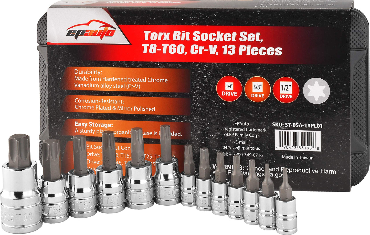 EPAuto Torx Bit Socket Set T8-T60-13PC, Cr-V Star Socket Kit with Case