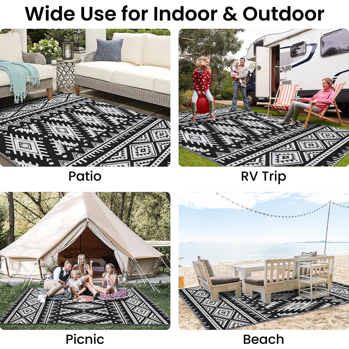 OLANLY Waterproof Outdoor Rug 4x6 ft, Reversible Plastic Straw Patio Camping Rugs, Large Foldable Outdoor Carpet Deck Rugs for Patio, RV, Outside Entry, Backyard, Bench, Picnic, Black & White