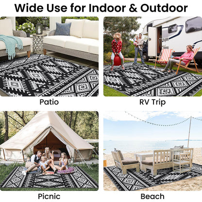OLANLY Waterproof Outdoor Rug 4x6 ft, Reversible Plastic Straw Patio Camping Rugs, Large Foldable Outdoor Carpet Deck Rugs for Patio, RV, Outside Entry, Backyard, Bench, Picnic, Black & White