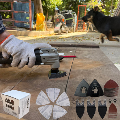 XXGO 105 Pcs Oscillating Multi Tool Sanding Pads Kits 2 Pcs Triangle Sanding Pads 3 Pcs Finger Sanding Pads 100 Pcs Multi Tool Sandpaper for Wood Sanding XG3105