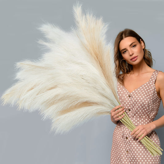 Ouddy Decor 8 Pcs Faux Pampas Grass Decor 38''/97cm Tall Artificial Large Pompas Floral Fluffy Fake Plants Floor Vase Filler for Wedding Kitchen Home Boho Decorations, Mixed Beige