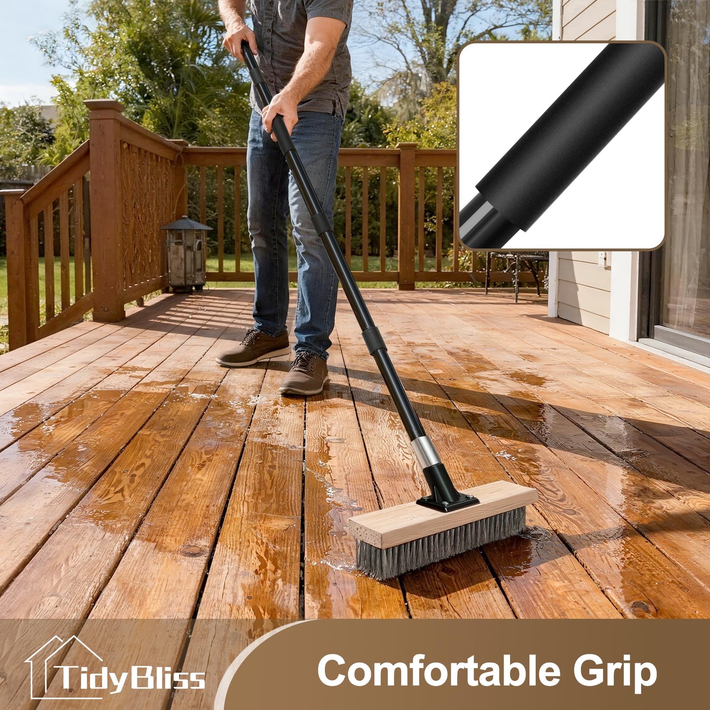 TidyBliss Stainless Steel Wire Scrub Brush with Long Handle, Heavy Duty Stiff Metal Broom Scrubber, Outdoor Moss Removal for Concrete Floor, Deck, Garden, Patio, Roof, Brick, Garage, Swimming Pool