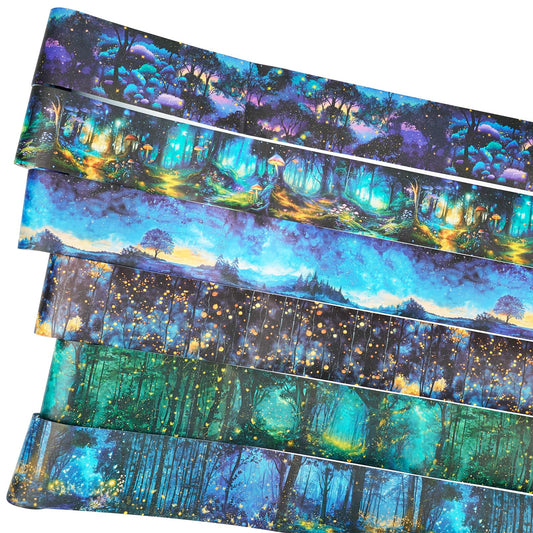 AuriicLeaf Night Forest Seamless Washi Tape Scrapbook Kit – 6 Rolls with Starry Sky, Fairy Woods & Twilight Designs for Journaling, DIY Crafts, Gift Wrapping, Card Making, Decoration, 3.15in Wide