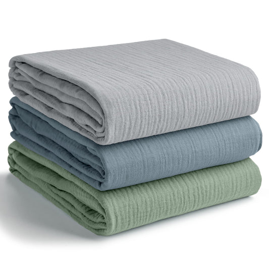Comfy Cubs Muslin Swaddle Blankets Pack of 3, 107 x 107 cm, Soft 100% Cotton Baby Blanket Set, Large Swaddling Wraps for Newborns - Self-Soothing Baby Swaddle - Heather Blue, Pacific Blue, Fern