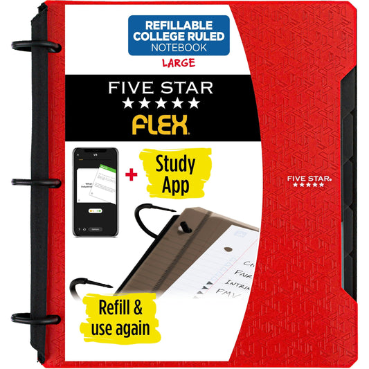 Five Star Flex Refillable Notebook + Study App, College Ruled Paper and 1 Inch TechLock Ring Binder with Pockets, Tabs and Dividers, 200 Sheet Capacity, Fire Red (29328AB2)