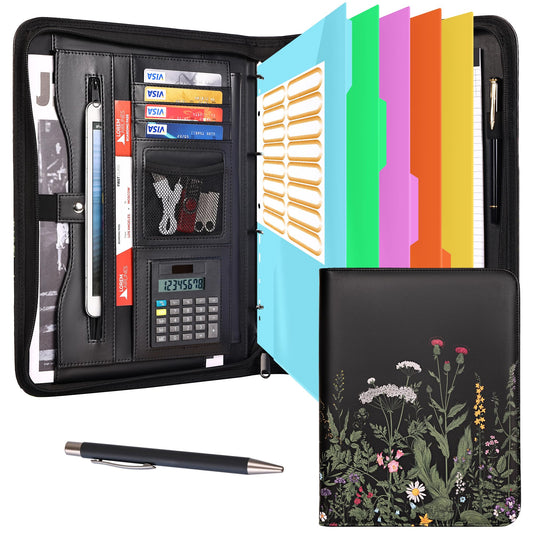 Eshow Padfolio with Zipper, Vegan Leather Portfolio Binder 3 Ring Binder for Business School, Portfolio Folder with 1 Notepad & 1 Pen Includes 5 Colorful Sheet Protectors for Documents for Men Women