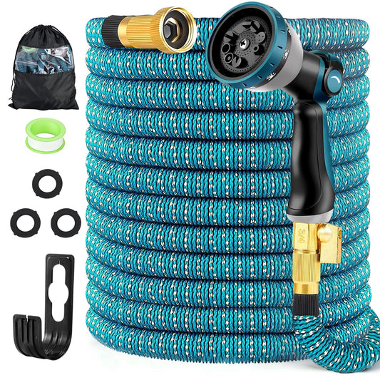 Expandable Garden Hose Water Hose 50ft,Flexible Garden Hose with 10 Function Nozzle Multifunctional Watering Hose with Brass Connector,Hook and Storage Bag, Flexible Pipe for Garden,Watering,Blue