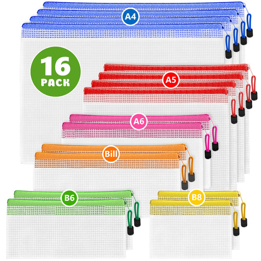 16 Pack Assorted Sizes Plastic Mesh Zipper Pouches Set for Storage Document Bags with Zippers