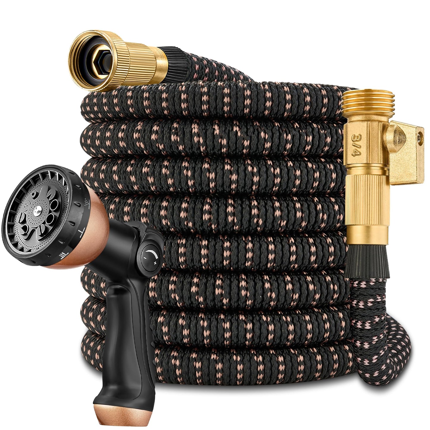 25 Foot Garden Hose – 2026 Upgarded Expandable Garden Hose w/10 Pattern Spray Nozzle, 650psi Brass 3/4” Fittings – Lightweight, Durable, Kink-Free, Retractable Water Hoses for Gardening(Black Gold)