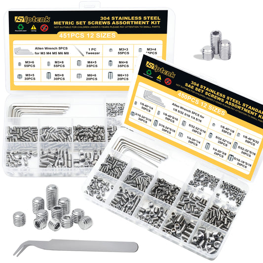 Siptenk Set Screws Assortment Kit Metric & SAE 901PCS, 304 Stainless Steel Threaded Inserts Hex Allen Head Socket Set Screw for Bathroom Fixtures Door Handles M3-M8 1/8-40 to 5/16-18