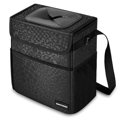 Cute Car Trash Can with Lid – Multipurpose Collapsible Trash Bin for Car, Leak-Proof Organizer, Waterproof Garbage Can with Storage Pockets & Adjustable Straps, 2 Gallons (Black Leopard)