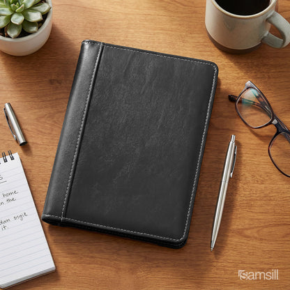 Samsill Contrast Stitch Leather Portfolio, Junior Size, 5 inch x 8 inch Writing Pad, Black