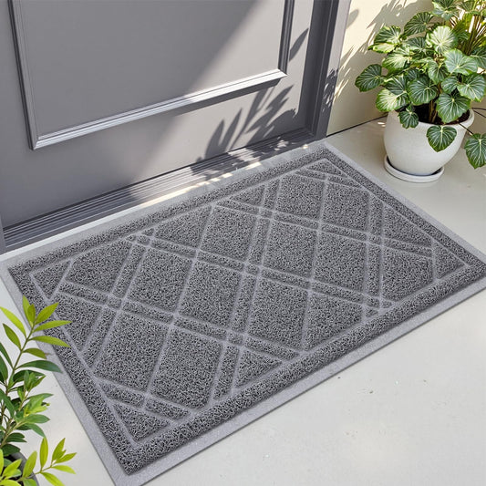 Front Door Mat Outdoor Mat for Entrance, Non-Slip Low Profile Doormat, Durable Dirt Trapper Welcome Mat Shoe Mat for Outdoor, Indoor, Front Back Doors, Entrance, 17"x30", Grey