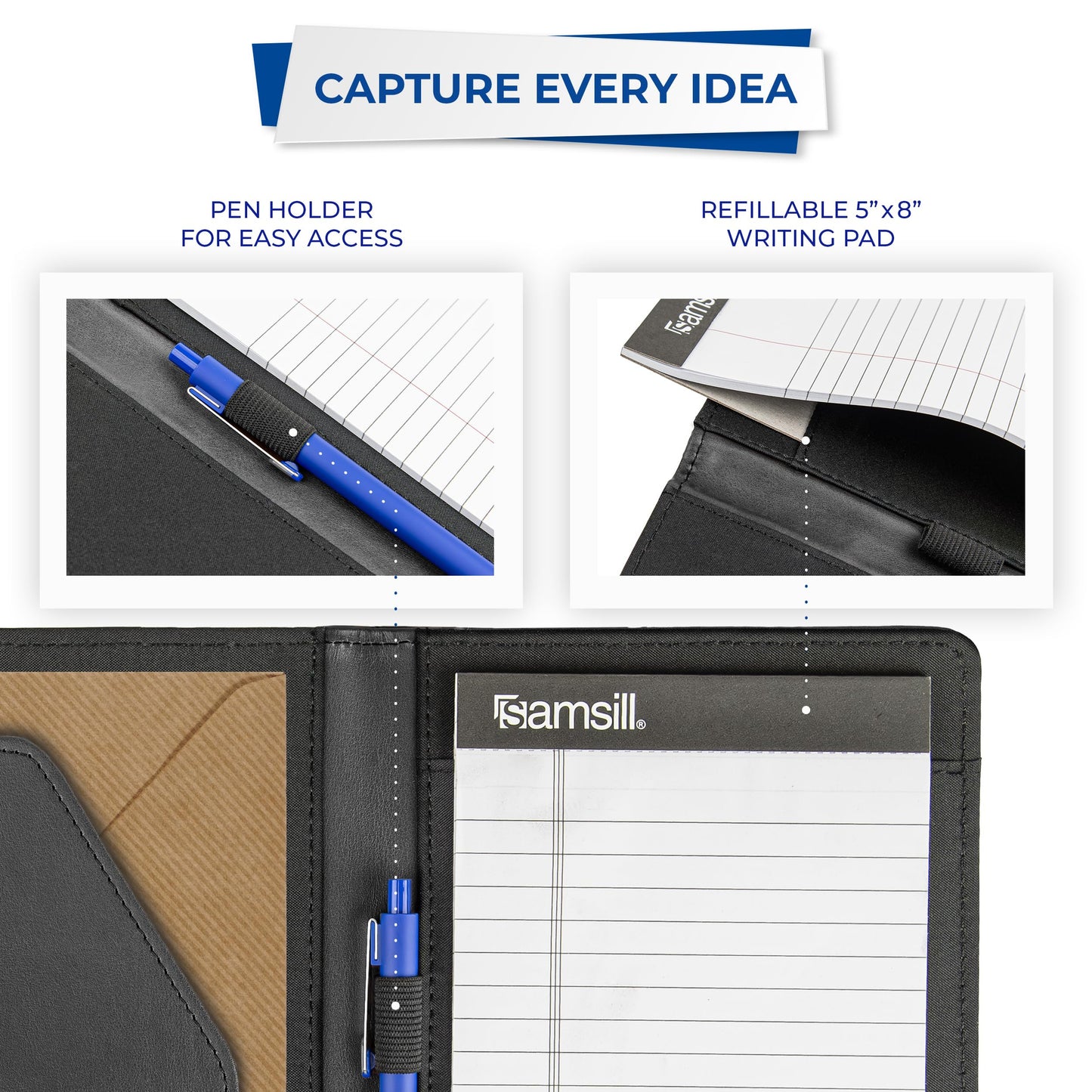 Samsill Contrast Stitch Leather Portfolio, Junior Size, 5 inch x 8 inch Writing Pad, Black