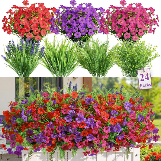 Alupssuc 24 Bundles Artificial Flowers for Outdoors Spring Summer Decoration, UV Resistant Faux Eucalyptus Violet and Lavender Silk Fake Plants for Outside Indoor Yard Home Patio Decor, Mix 3 Colors