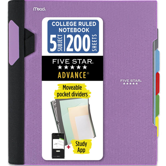Five Star Advance Spiral Notebook + Study App, 5 Subject, College Ruled Paper, 8-1/2" x 11", 200 Sheets, Spiral Guard, Movable Tabbed Dividers, Amethyst Purple (820013G)