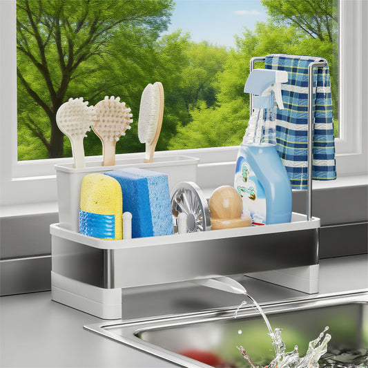 Ewaiira Stainless Steel Sink Caddy, Sponge Holder for Kitchen Sink with Brush Holder & Dishcloth Rack, Rustproof Sink Organizer Countertop, Soap Dispenser Kitchen Organizers Storage Essentials