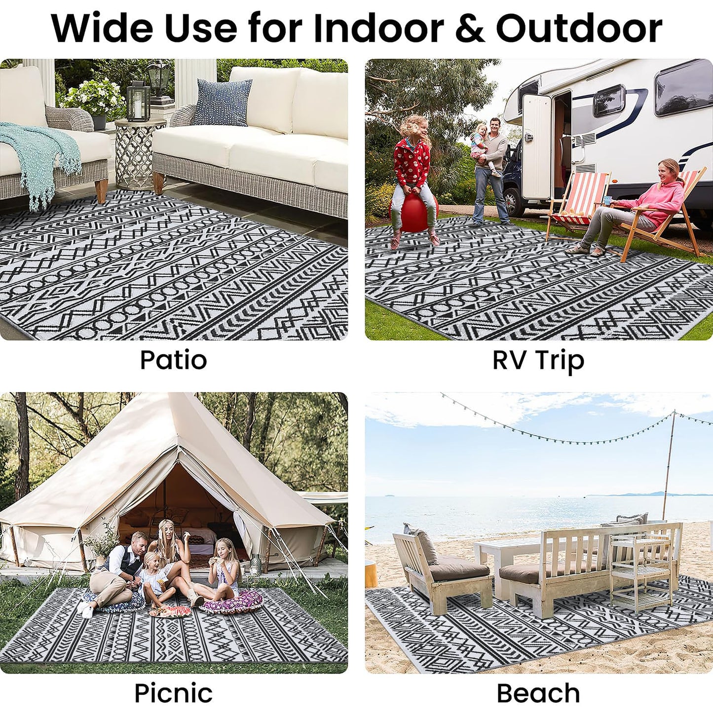 OLANLY Waterproof Outdoor Rug 4x6 ft, Reversible Plastic Patio Rug Outdoor Carpet, Geometric Pattern Large Outdoor Area Rug Deck Rugs for RV, Patio, Backyard, Picnic, Beach & Camping, Black and White