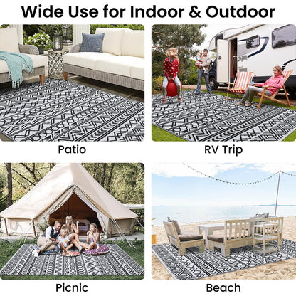 OLANLY Waterproof Outdoor Rug 4x6 ft, Reversible Plastic Patio Rug Outdoor Carpet, Geometric Pattern Large Outdoor Area Rug Deck Rugs for RV, Patio, Backyard, Picnic, Beach & Camping, Black and White