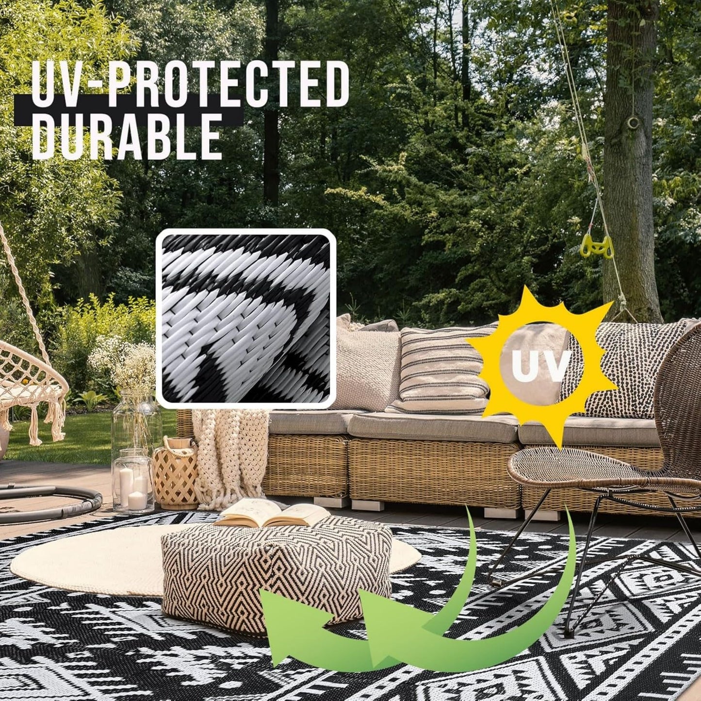OLANLY Waterproof Outdoor Rug 4x6 ft, Reversible Plastic Straw Patio Camping Rugs, Large Foldable Outdoor Carpet Deck Rugs for Patio, RV, Outside Entry, Backyard, Bench, Picnic, Black & White