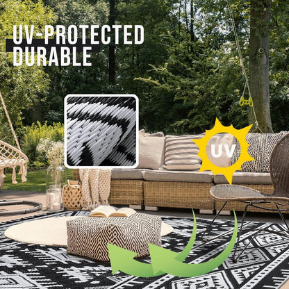 OLANLY Waterproof Outdoor Rug 4x6 ft, Reversible Plastic Straw Patio Camping Rugs, Large Foldable Outdoor Carpet Deck Rugs for Patio, RV, Outside Entry, Backyard, Bench, Picnic, Black & White
