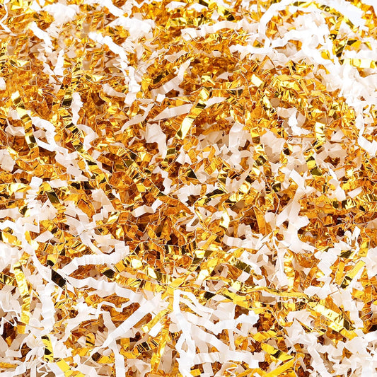 Worldity 1.98 LB White Gold Crinkle Cut Paper, Crinkle Cut Paper Shred Filler, Boxes Basket Filler for Table Decor, Wedding, Birthday, Easter, Christmas, Party’s Present Wrapping, Craft Projects