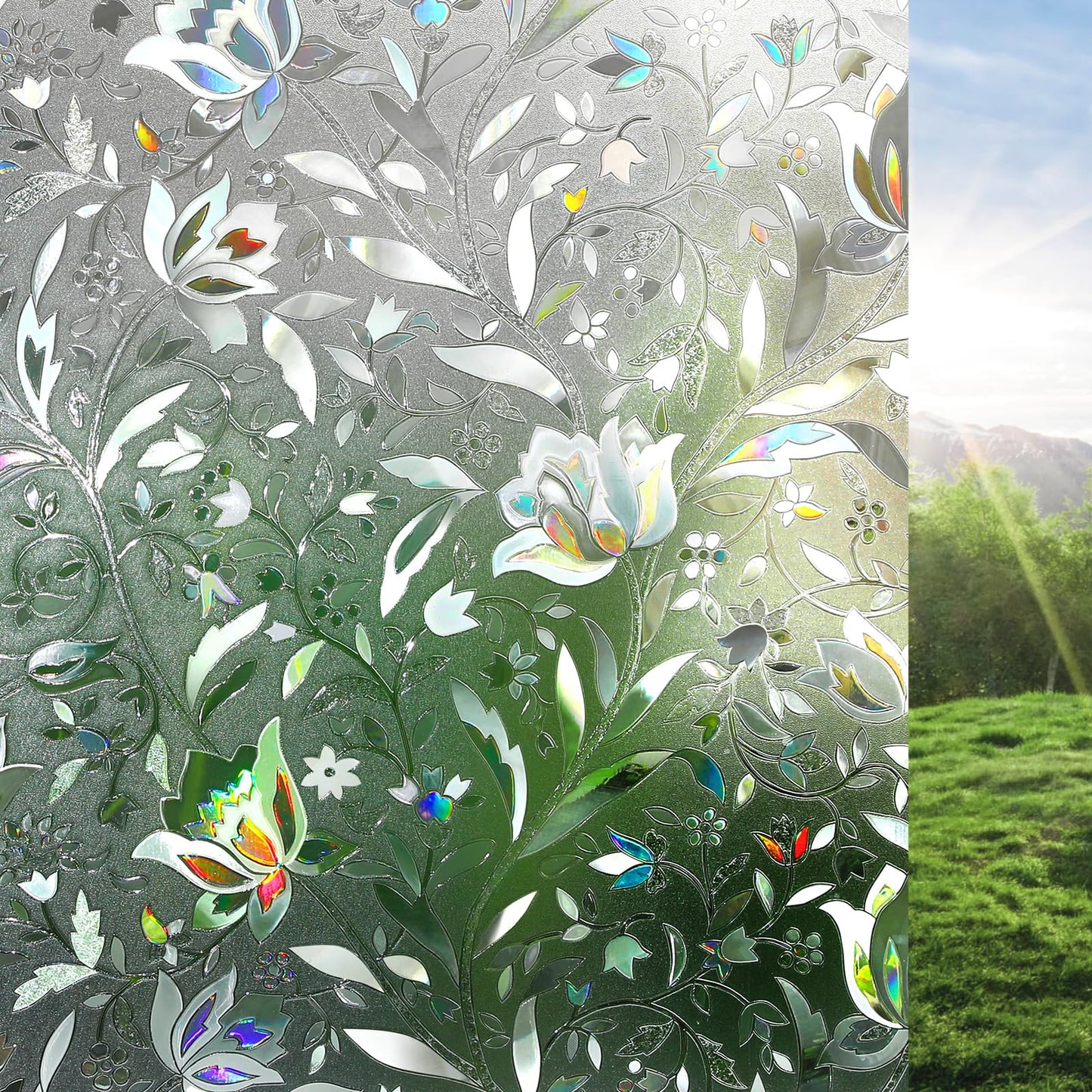 rabbitgoo Privacy Window Film, Decorative Stained Glass Film, Sun Blocking Window Cling, Removable Static Cling Vinyl Glass Sticker for Home, Bathroom Door, Tulip Flower, Clear, 60x200cm