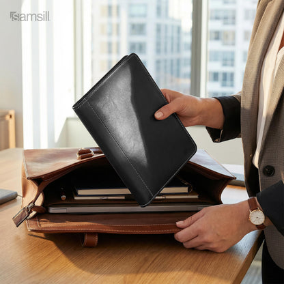 Samsill Contrast Stitch Leather Portfolio, Junior Size, 5 inch x 8 inch Writing Pad, Black