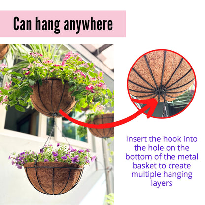 LaLaGreen Hanging Planters for Outdoor Plants (12 Inch, 2 Pack) Hanging Baskets with Coco Liner Flower Pots, Metal Wire Round Plant Holder Hanger Hook Chain Deck Porch Garden Balcony Farmhouse Decor