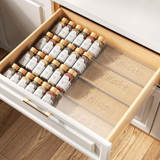 PanPanPal Spice Drawer Organizer, 4 Tier- 4 Pack Clear Acrylic Drawer Seasoning Organizer, Expandable From 11'' to 22'' Kitchen Spice Rack Organizers and Storage for Drawer (Jars not included)