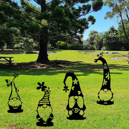 4PCS Metal Black Gnomes with Flower Garden Statues Garden Decor Outdoor Decorative Metal Art for Courtyard Yard Lawn