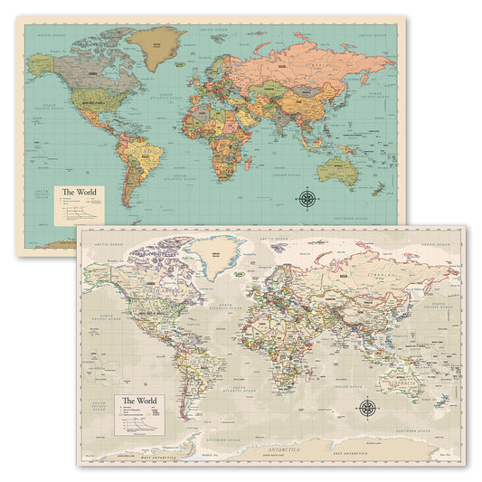 2 Pack - World Map [Tan/Color] & Antique Style World Map - Set of 2 Posters (LAMINATED, 18” x 29”)