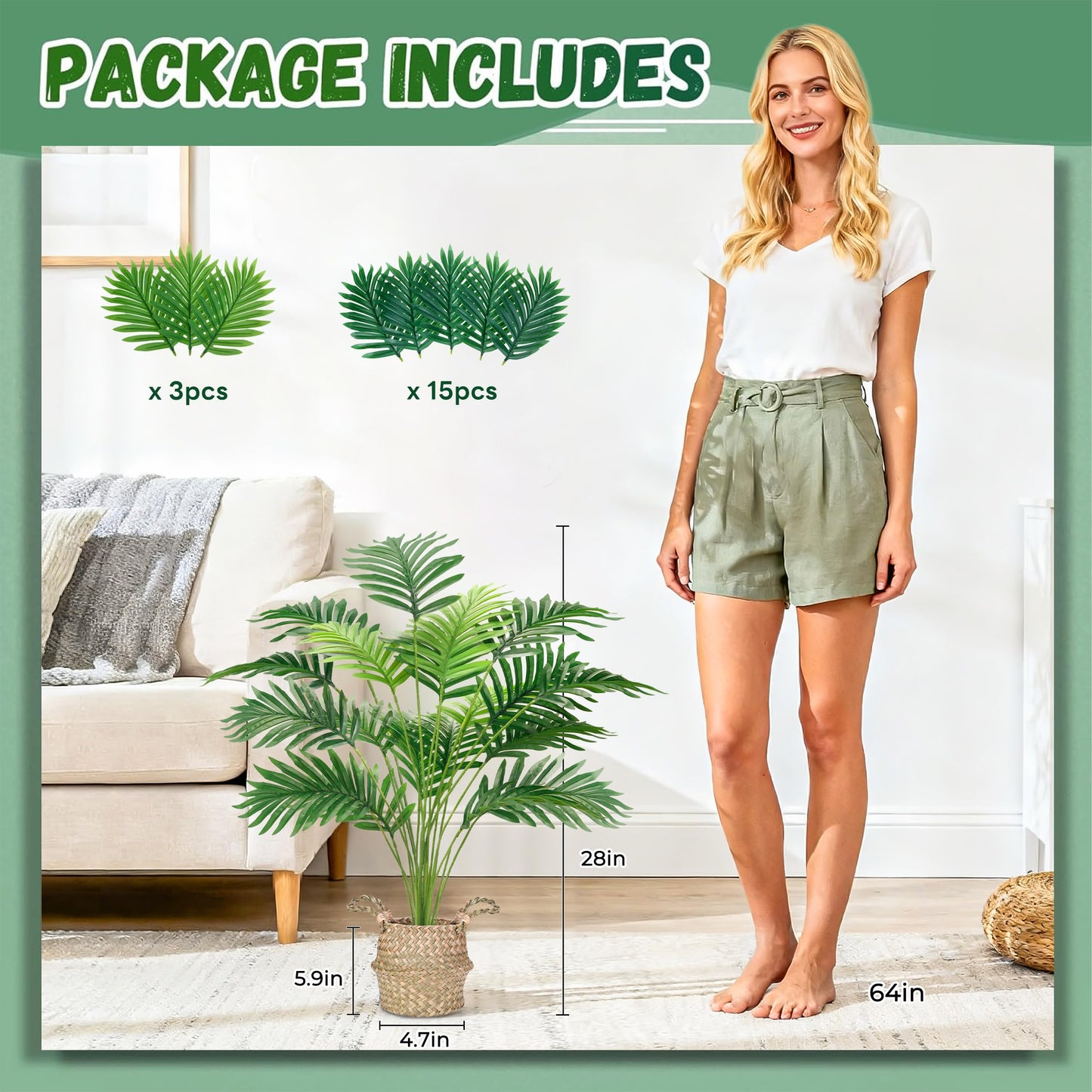 Der Rose Fake Palm Tree 28Inch Tall Fake Plant Potted Faux Areca Artificial Tree with Hand-Woven Baskets with Handles for Indoor Outdoor Home Office Bedroom Porch Balcony Boho Decor