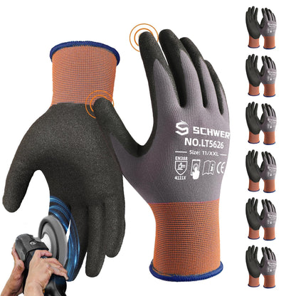 Schwer Lite Sandy Nitrile Coated Work Gloves LT5626, Work Gloves with Grip Touch Screen Compatible for General Purposes Automotive Electronic Assembly, Grey, L, 6 Pairs