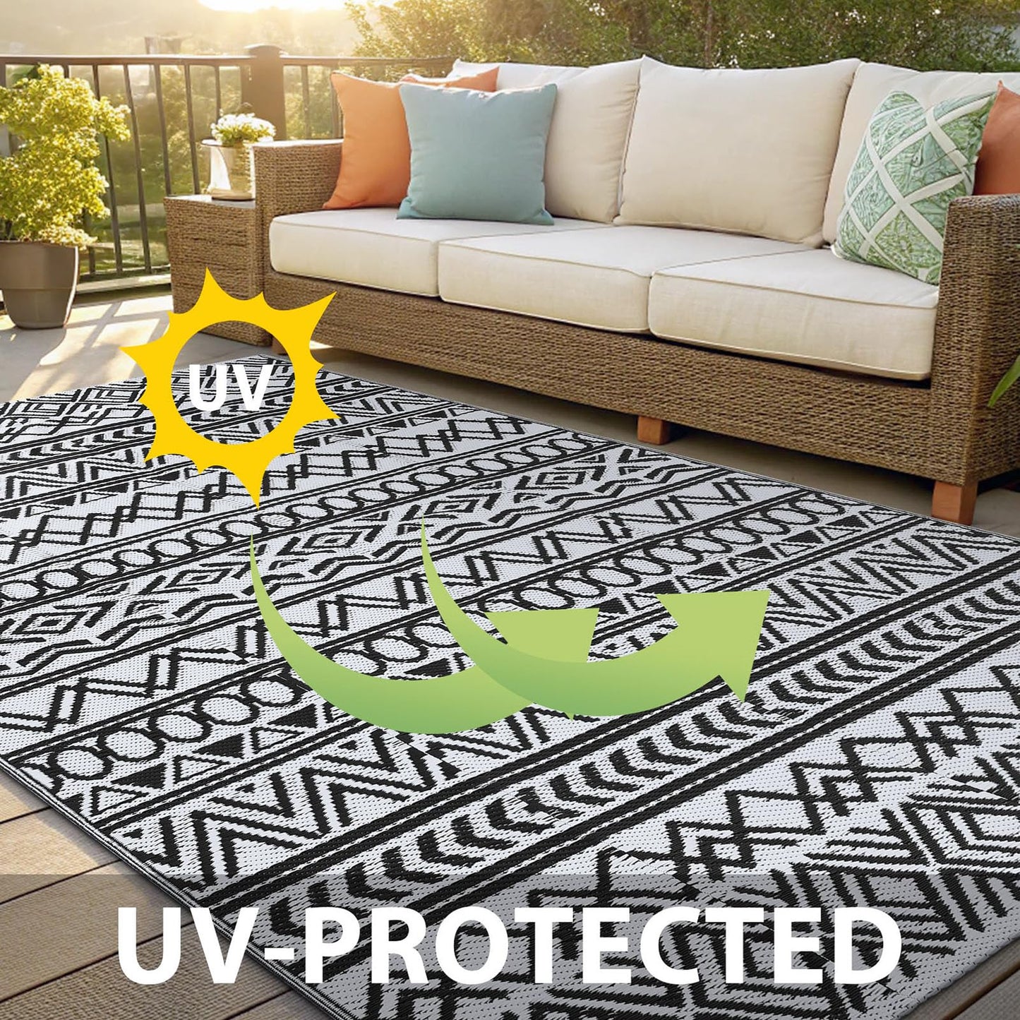 OLANLY Waterproof Outdoor Rug 4x6 ft, Reversible Plastic Patio Rug Outdoor Carpet, Geometric Pattern Large Outdoor Area Rug Deck Rugs for RV, Patio, Backyard, Picnic, Beach & Camping, Black and White