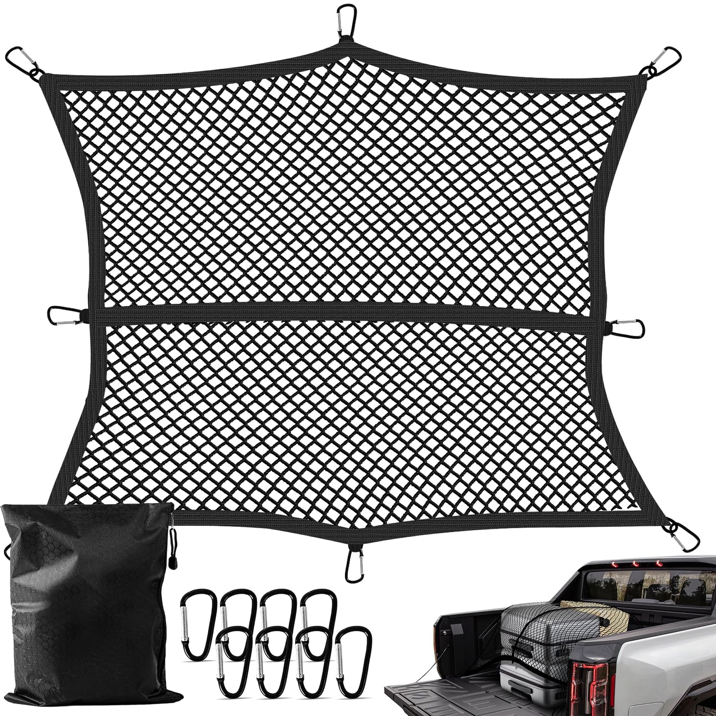 Truck Bed Cargo Net, Stretchable from 4'x4' to 7'x7',High Elastic Cargo Net with Storage Bag and 8 rustproof Buckles, Ideal for ATV, SUV, UTV, Truck and Boat Use, Black