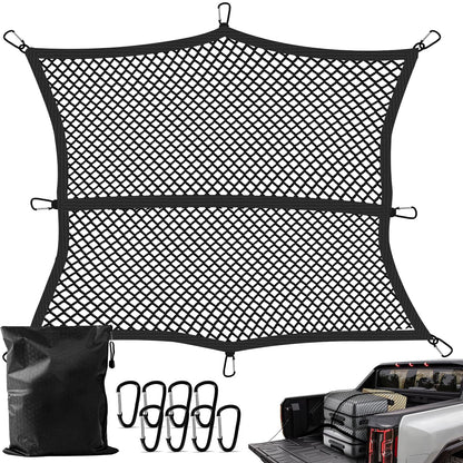 Truck Bed Cargo Net, Stretchable from 4'x4' to 7'x7',High Elastic Cargo Net with Storage Bag and 8 rustproof Buckles, Ideal for ATV, SUV, UTV, Truck and Boat Use, Black