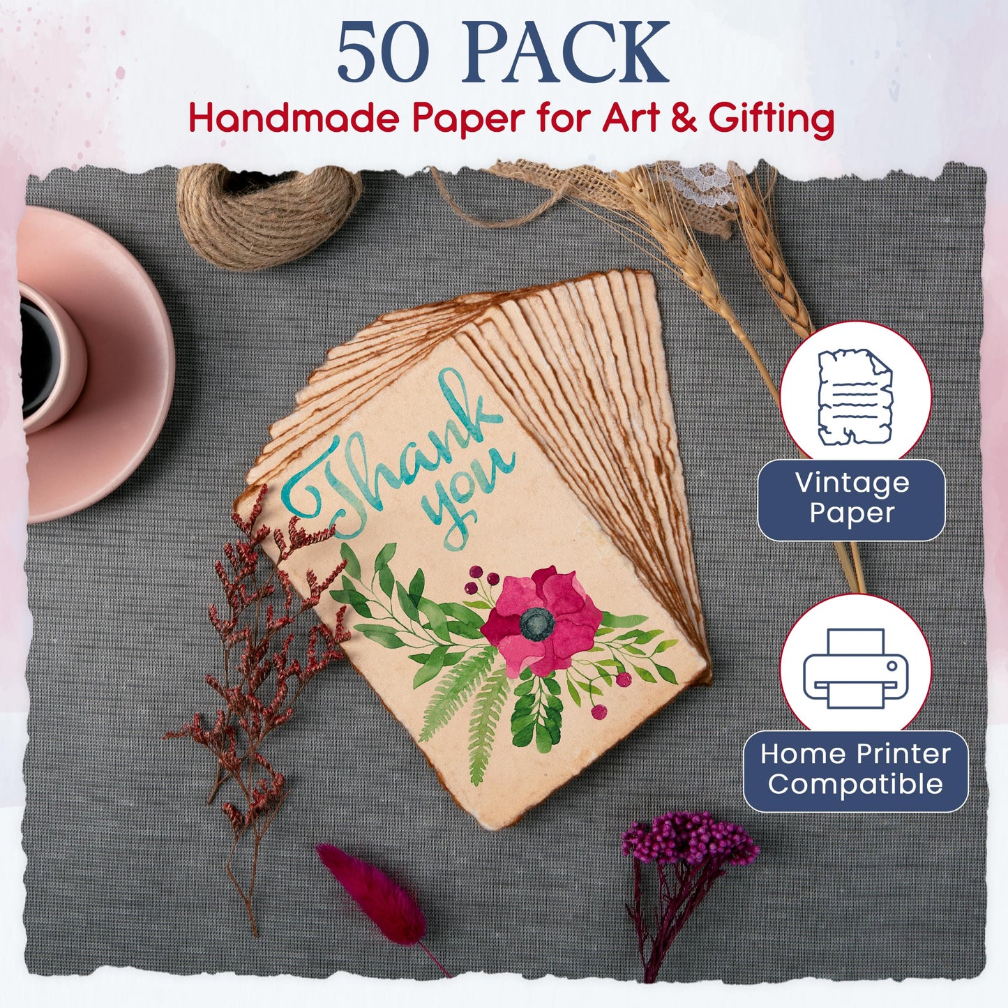 Wanderings Handmade Antique Deckle Edge Blank Cards - 4"x6" - 10.5x15cm Package of 50 - Mixed Media Cards for Announcements Invitations Crafts - Thick 150 GSM Recycled Paper